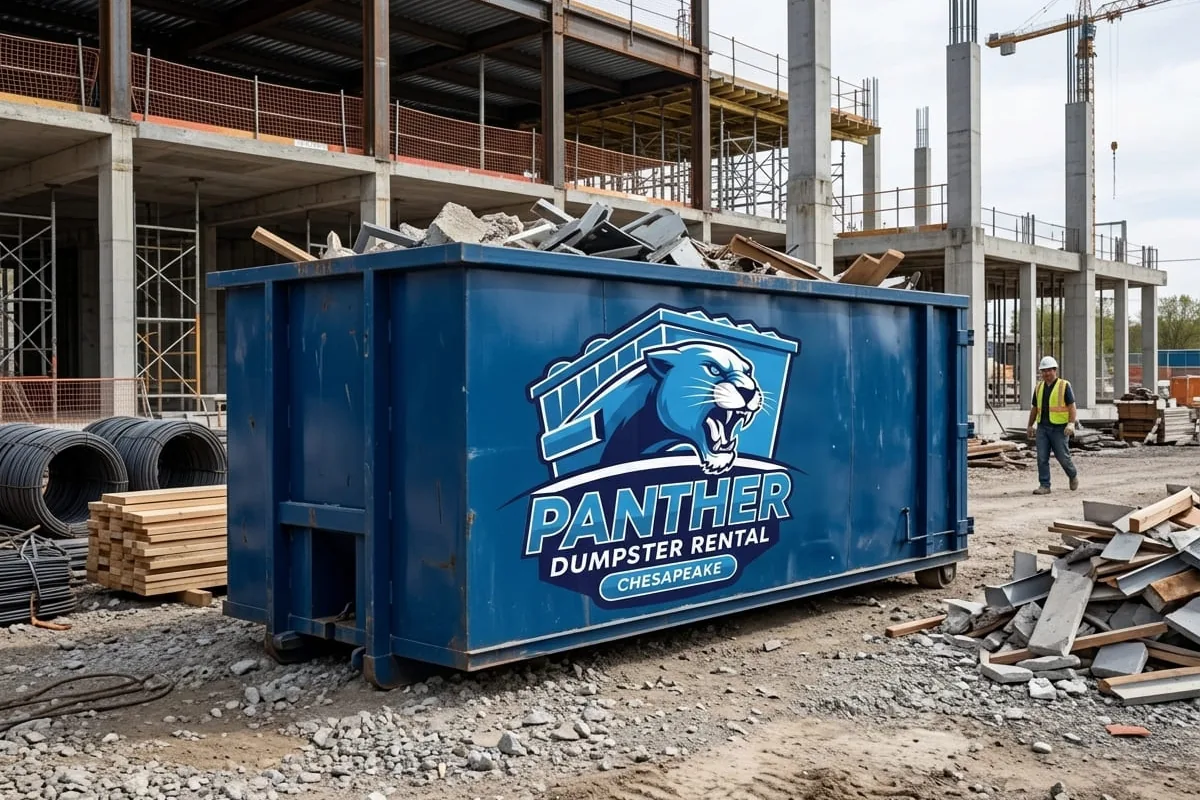 Construction debris dumpster rental Construction dumpster on a jobsite near Chesapeake, VA