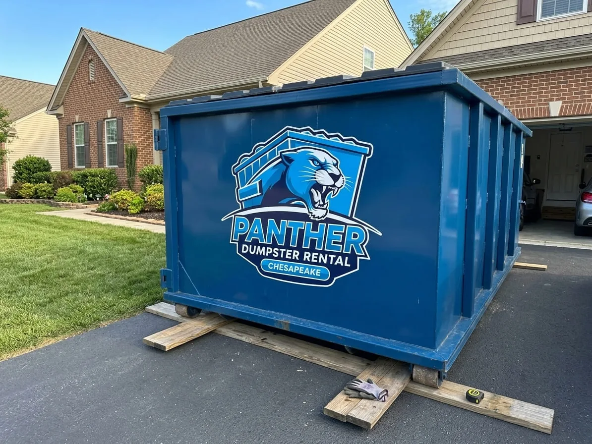 Our dumpster rental process in Chesapeake Roll-off container being set on a Chesapeake, VA property