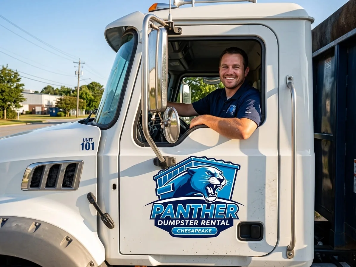 Local dumpster rental in Chesapeake Panther Dumpster Rental roll-off truck and container in Chesapeake, VA